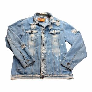 Rolling Paper Size L Denim Jean Jacket Distressed Paint Splatter Bleached Ripped
